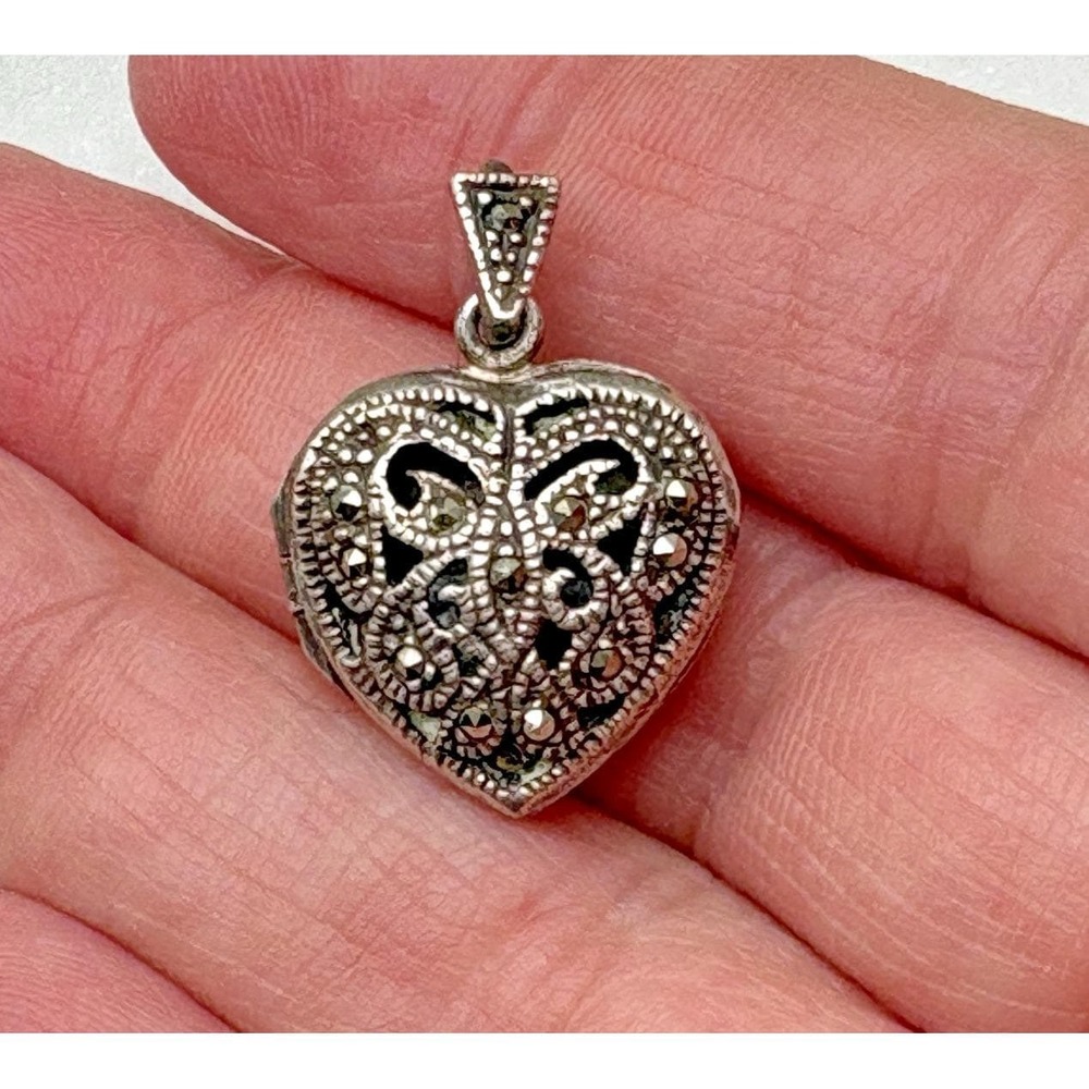 Vintage Sterling Silver Heart Locket Marcasite Victorian Revival 925 Filigree